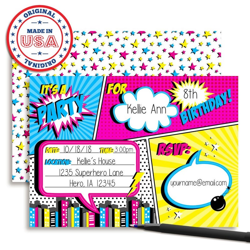 Amanda Creation Super Hero Comic Book Birthday Party Invitations for Girls, 20 5x7 Fill In Cards with Twenty White Envelopes by AmandaCreation - Image 3